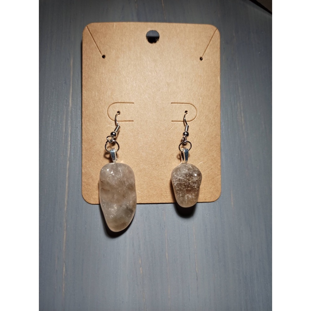 Smoky Quartz Tumbled Stone Drop Earrings Nickel Free Boho Natural Crystal Dangle